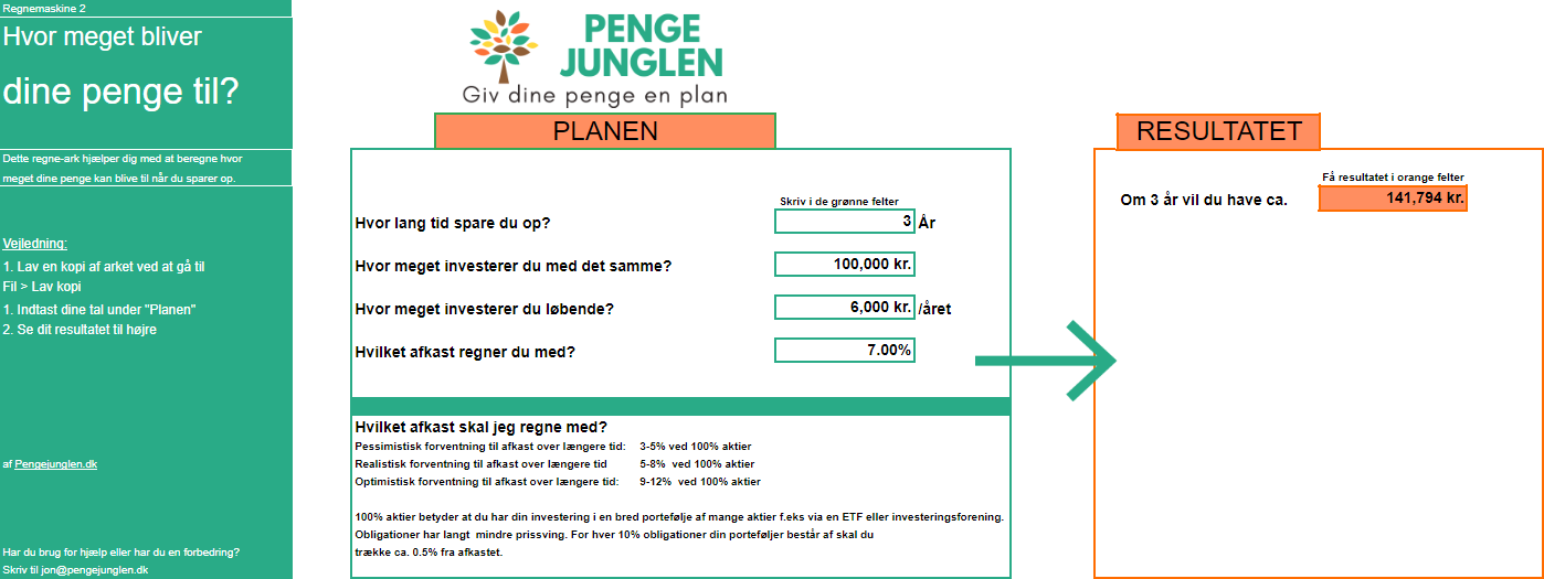 Pengejunglens Regnemaskine 2 - Beregn hvad dine penge bliver til over tid - renters rente beregner